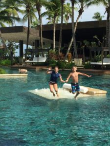 Pool and ocean scenes at the Dorado Reserve in Puerto Rico. That's Elizabeth surfing!