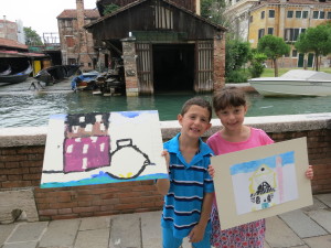 Kids with their paintings of Venice